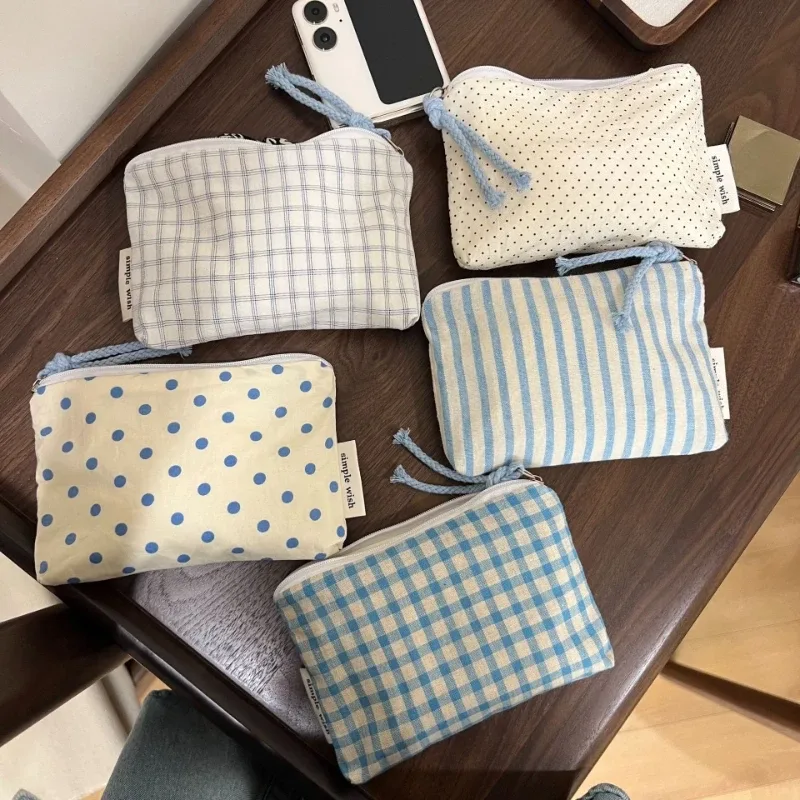 sac de maquillage portable pour femmes, organiseur de cosmétiques bleu à carreaux, portefeuille mignon, mini sac de rangement pour rouge à lèvres