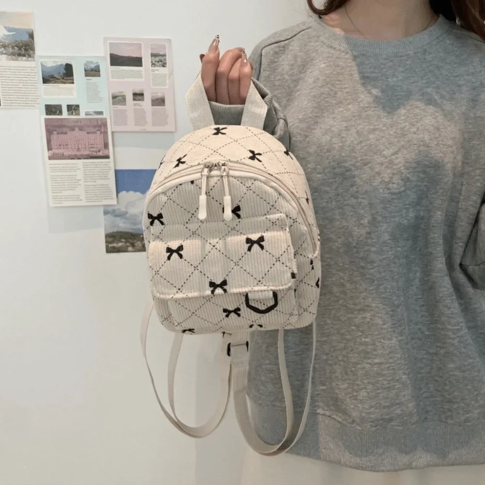mini sac à dos en velours côtelé avec nœud imprimé, sac à bandoulière léger, sac de rangement cosmétique multi-couches, sac à dos quotidien