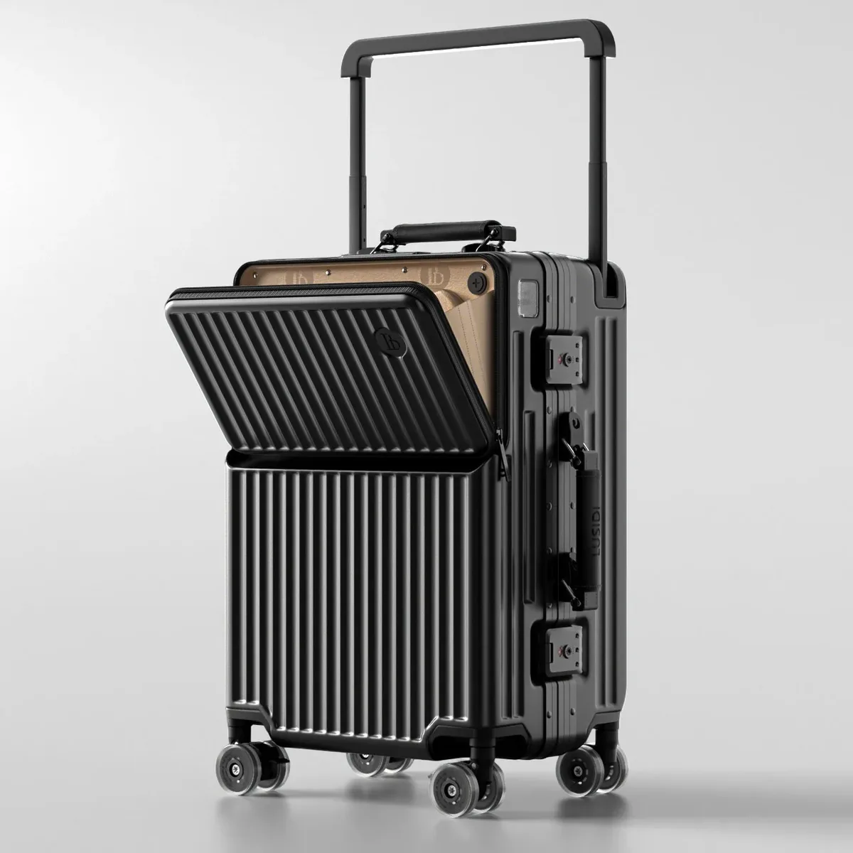 valise à ouverture frontale avec poignée large, cadre en aluminium, serrure tsa, coque rigide, bagage à roulettes 20 pouces, bagage cabine pour voyage