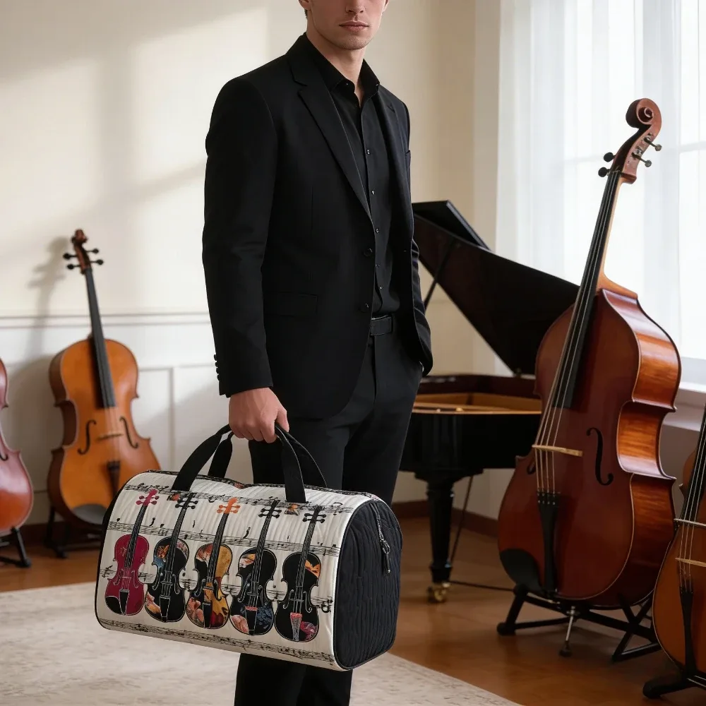 sac de voyage matelassé imprimé en 3d motif violon, sac fourre-tout tendance pour festival de musique, grande capacité, sac de week-end pour les amateurs de musique et les couples