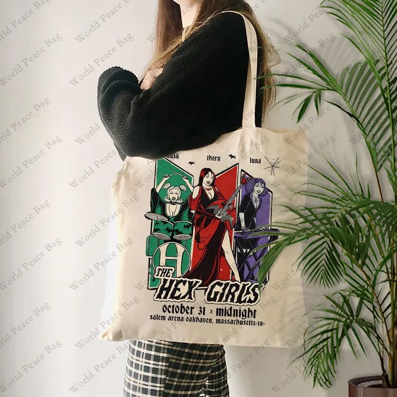 sac voyage toile motif hex girls beige bandoulière personnages stylisés voyage journee shopping réutilisable femmes