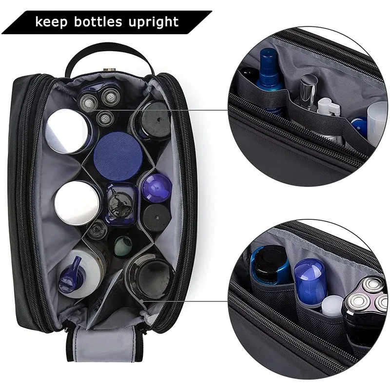 trousse polyester noire organisée voyage cosmétique rasoir maquillage humidifiant sècheporte ordonnancement bouteille pliante extensible
