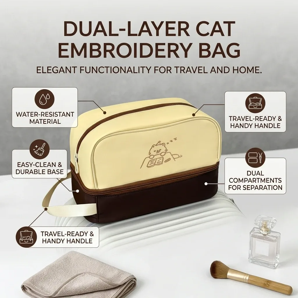 trousse de maquillage imperméable grande capacité double couche avec broderie chat pour voyage, articles de toilette, cadeau pour dortoir