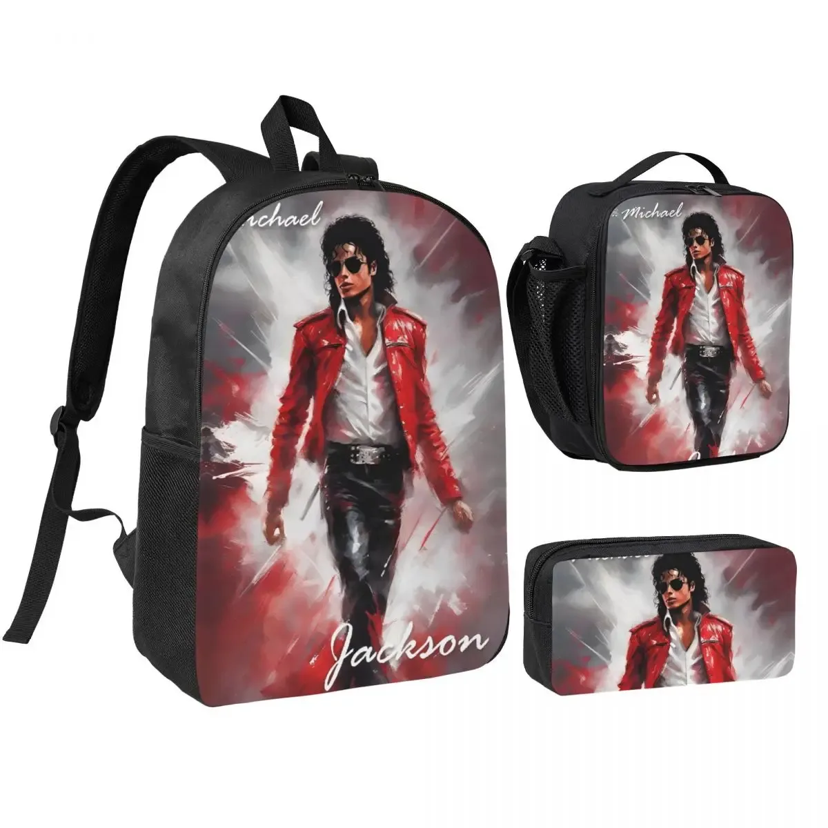 sac à dos mj pop king 3 pièces/ensemble pour étudiant, sac à bandoulière, sac à déjeuner, trousse à crayons