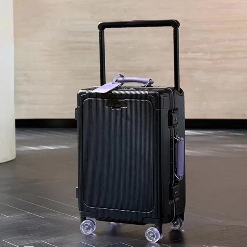 valise à roulettes de poche à ouverture avant, cadre en aluminium, valise à roulettes à poignée large avec roues silencieuses colorées et prise de chargement usb