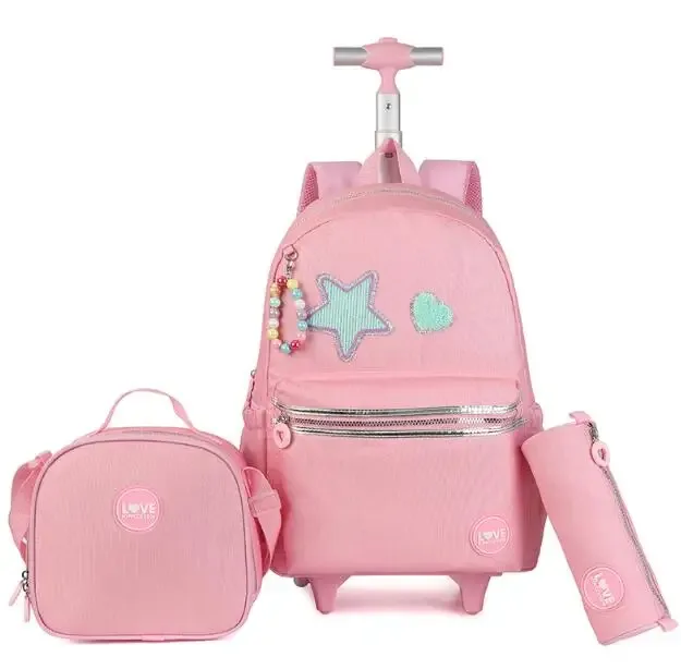 sacs à dos à roulettes avec sac à déjeuner pour filles, ensemble de sacs à roulettes pour filles, roulettes de 18 pouces, sac à dos scolaire à roulettes