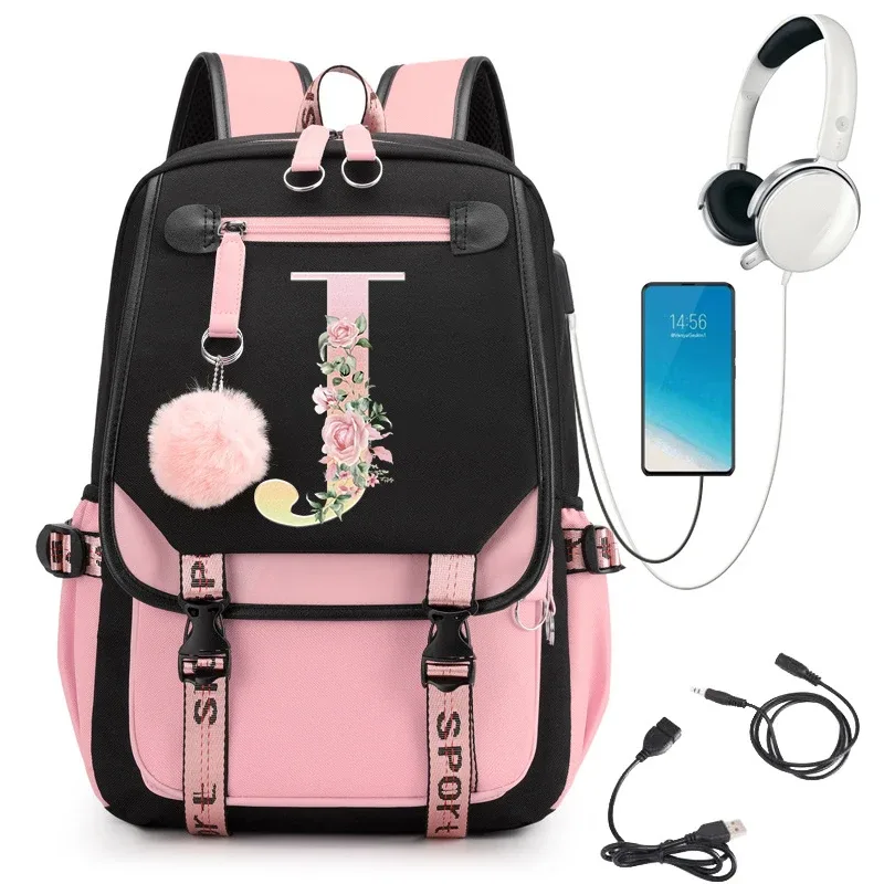 sac à dos rose graphique or imprimé lettre fleur a-z alphabet épaule sac adolescente mode fille sac à dos lycée sacs à dos