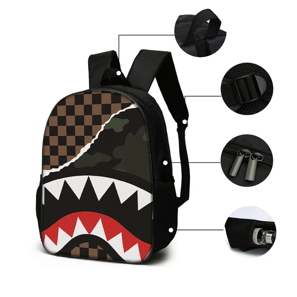 sac dos polyester requin dents camouflage carreaux bleu gris beige noir usage quotidien école aventures