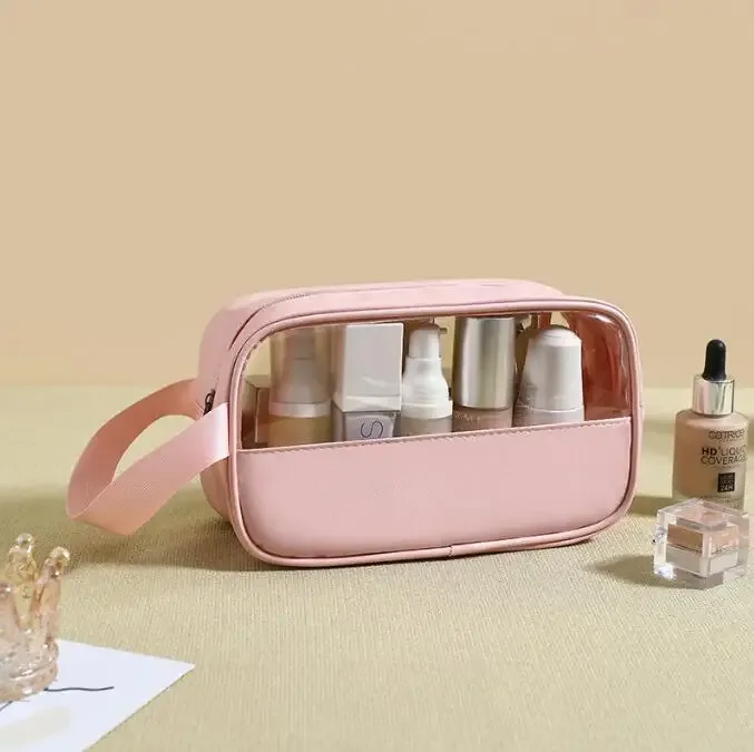 sac à cosmétiques personnalisé avec coutures brodées, sac de bain translucide en pvc de grande capacité, sac de rangement de voyage portable étanche en pu