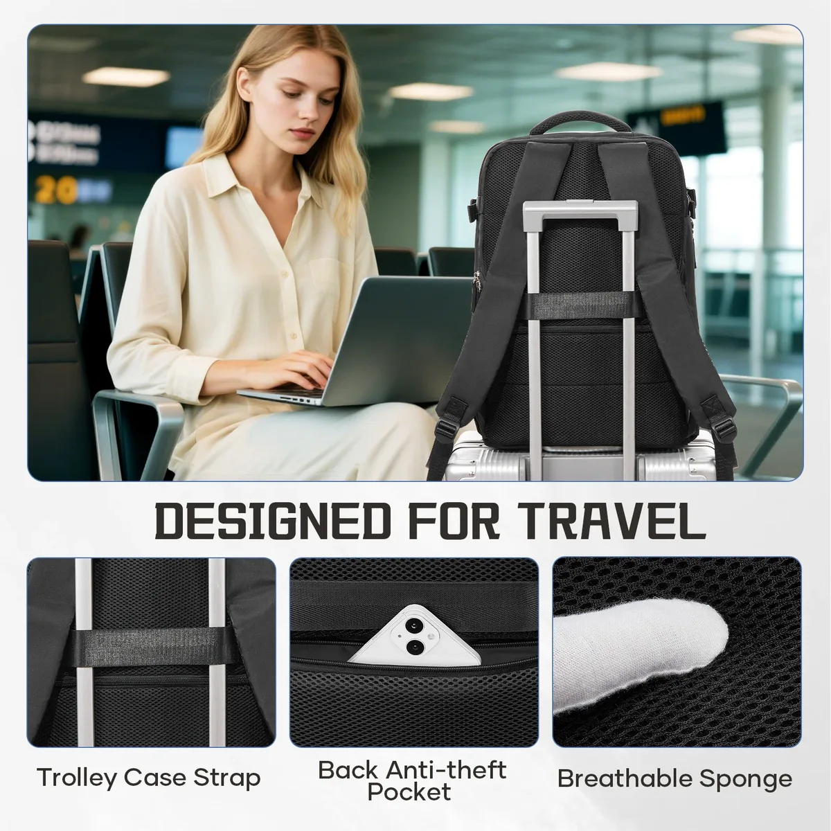 sac dos nylon unisexe noir compression integree compartiment ordinateur portable poche humide ceinture air décontracté solide