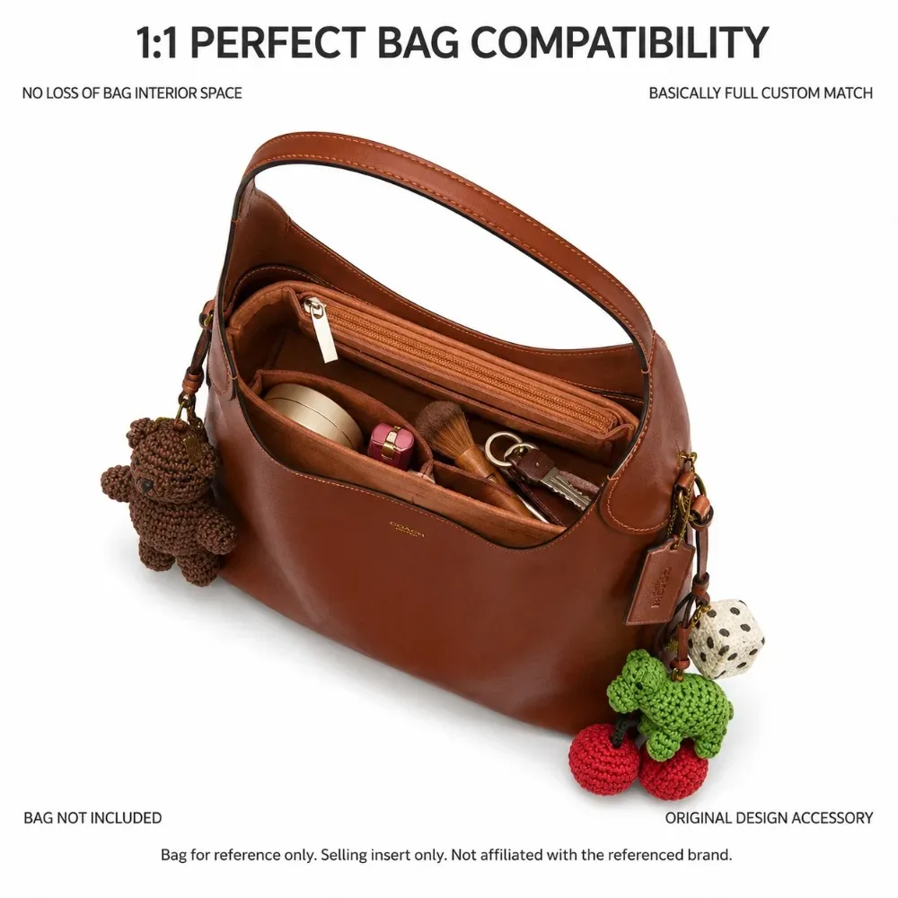 organisateur de sac en feutre marron doux avec poche zippée et plusieurs compartiments pour sac à main hobo, sac à bandoulière, usage en voyage