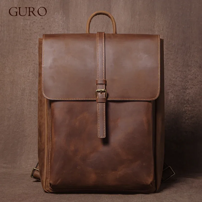 guro – sac à dos rétro en cuir véritable pour hommes et femmes, sac de voyage à rabat simple, en cuir de vache naturel, cartable de luxe, sacs à dos de banlieue quotidiens