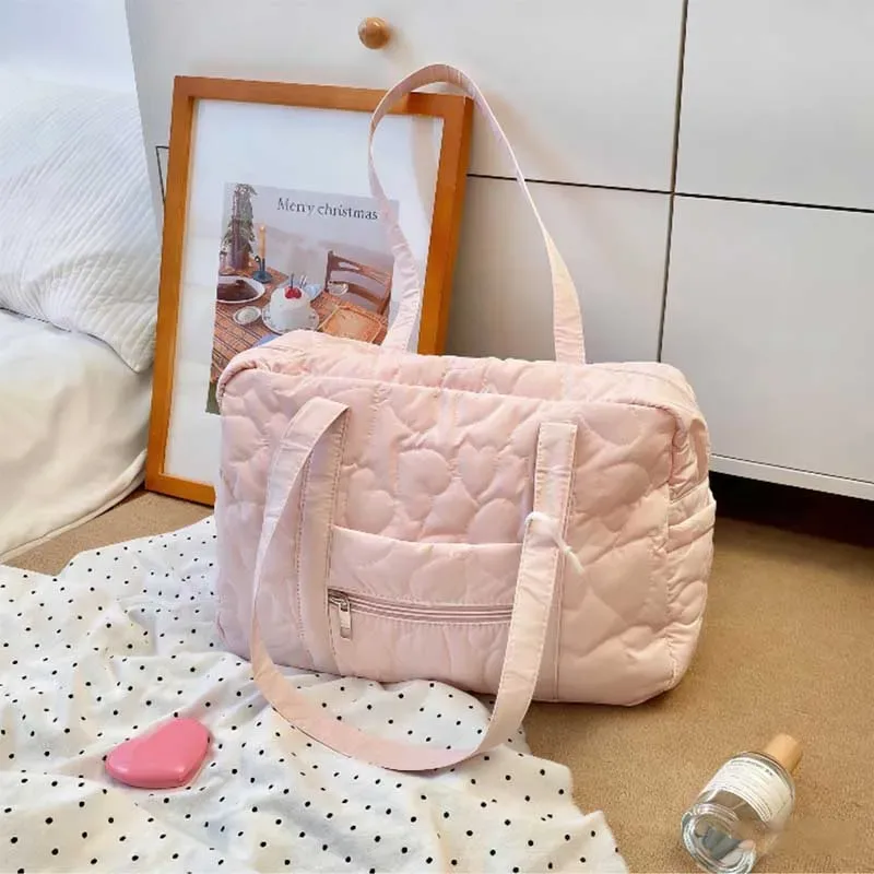 sac décontracté à porter sous le bras, sac de voyage, sac de style coréen, sac fourre-tout de couleur unie pour maman, sacs de rangement de voyage en forme de cœur pour femmes