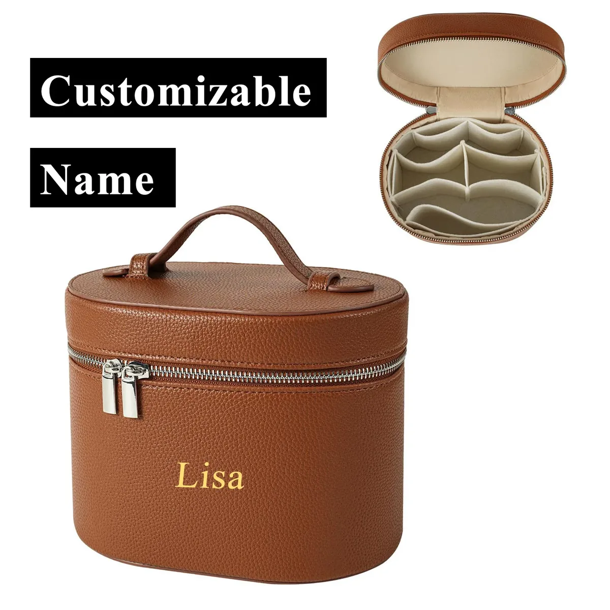 Sac de voyage portable personnalisable avec compartiment cosmétique amovible en cuir grainé et section de rangement séparée pour articles de toilette