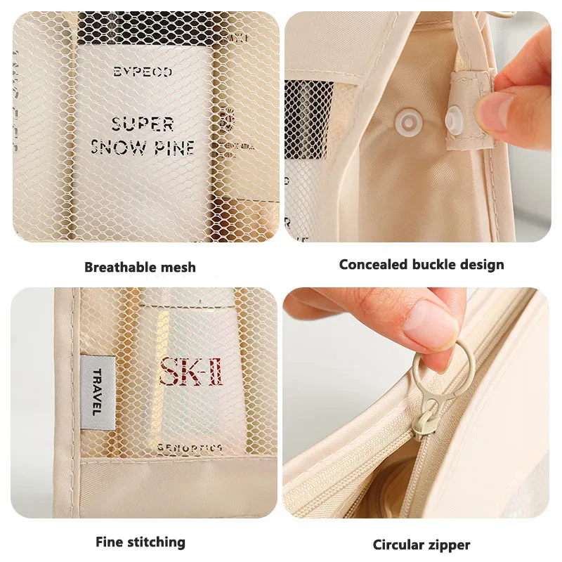 sac de voyage léger et respirant en maille pour femme, trousse de toilette portable transparente pour maquillage et soins de la peau