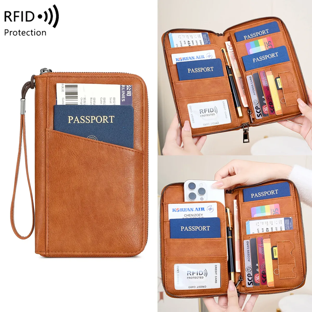porte-passeports familial pour 5 personnes, en cuir, avec blocage rfid, porte-passeports multiple avec fermeture éclair, organiseur de documents de voyage