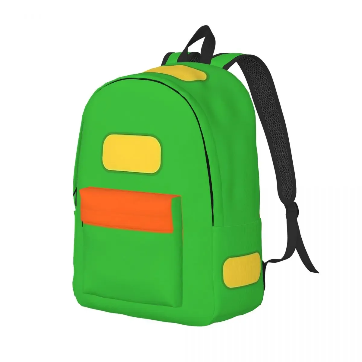 sac dos toile polyester dessin animé vert bandes jaunes orange poches latérales arrière avant école voyage