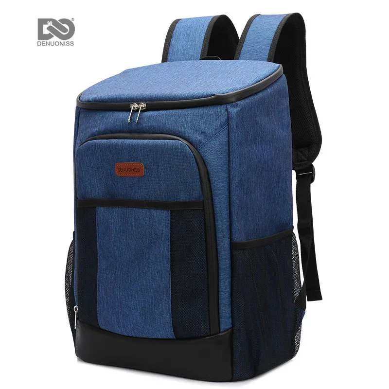 sac dos bleu accents noirs gris poches avant compartiments intérieurs séparateurs tissu résistant transport nourriture boissons isolantes grande capacité