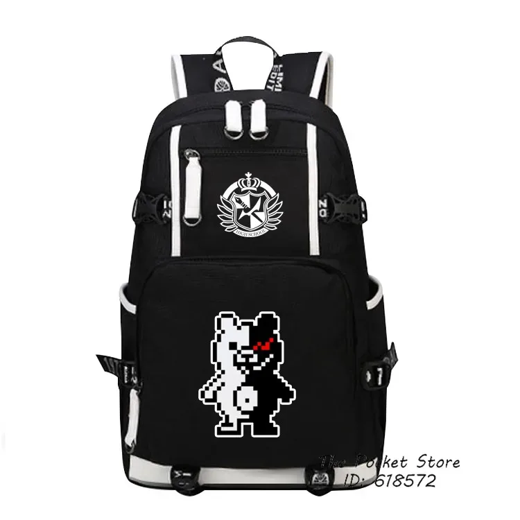sac dos toile oxford noire dessin animé monokuma couronne ailes capacité 20 35 litres port usb bandes renfort blancs