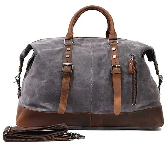sac de voyage pour homme en toile cirée imperméable et cuir, sac à main, sac de cabine, grand sac fourre-tout vintage, sac de week-end, grand sac de nuit.
