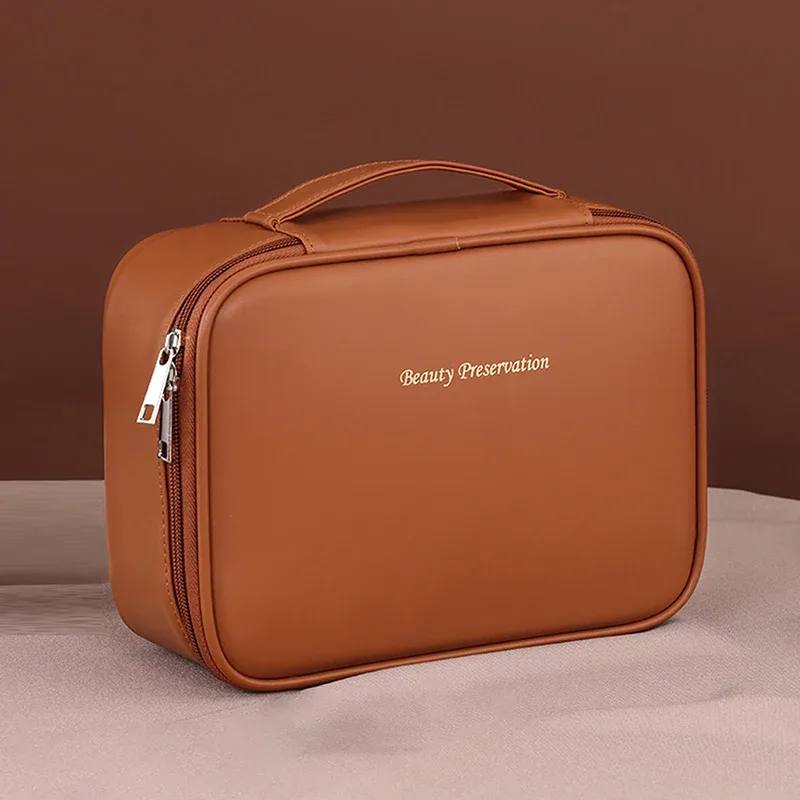sac de maquillage de voyage double couche en cuir pu pour femmes, sac de rangement portable de grande capacité, sac de voyage étanche à fermeture éclair [q][q]q@