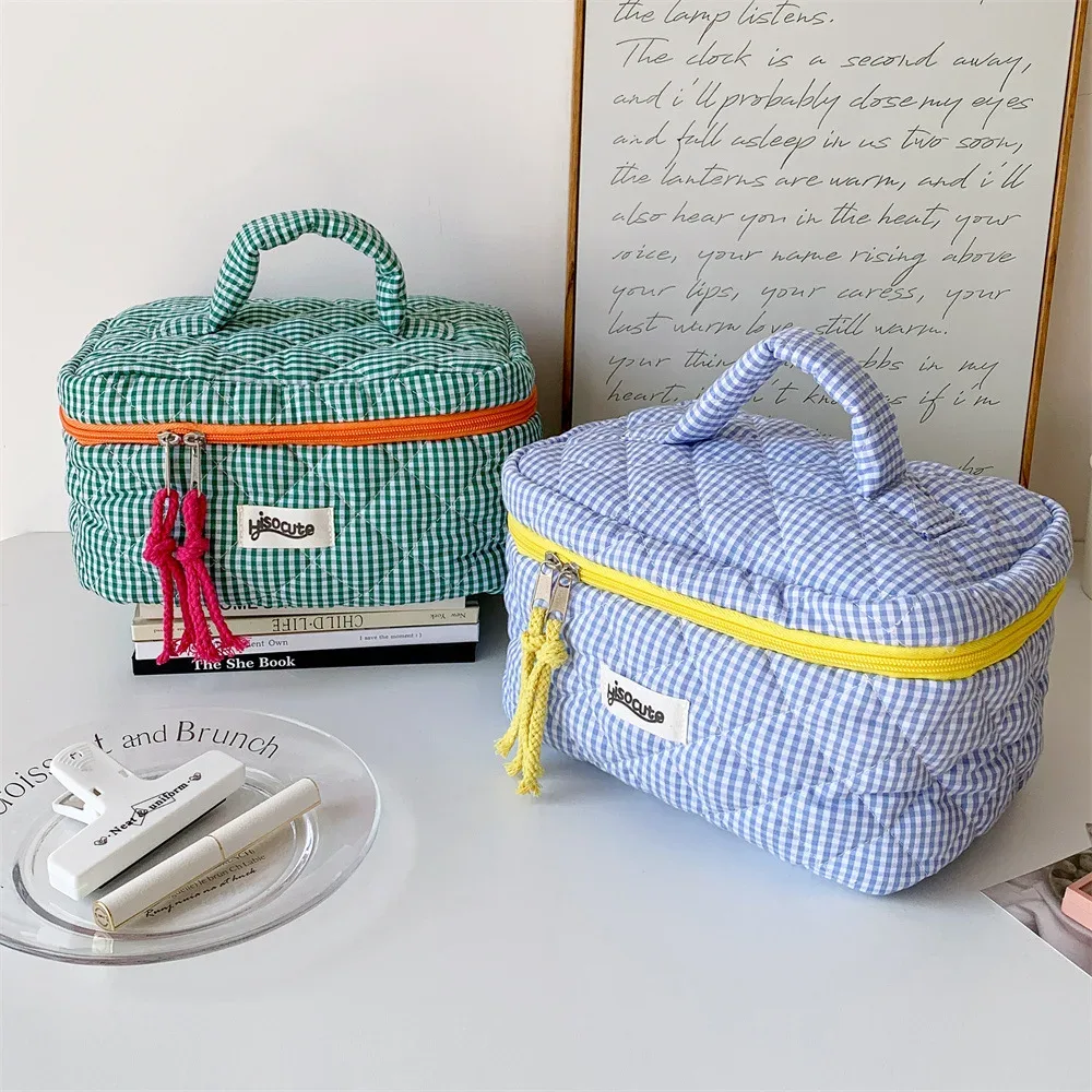 organisateur voyage polyester carreaux bleus blancs poignée glissière cosmétiques compresseur housse sacs chaussures compression