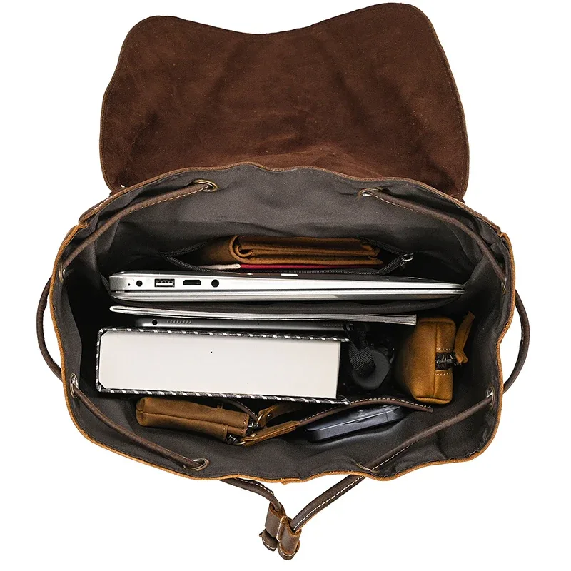 luufan – sac à dos vintage en cuir véritable pour hommes, sac de jour seau en cuir de cheval fou, sac de voyage masculin de grande capacité, sacs d'école