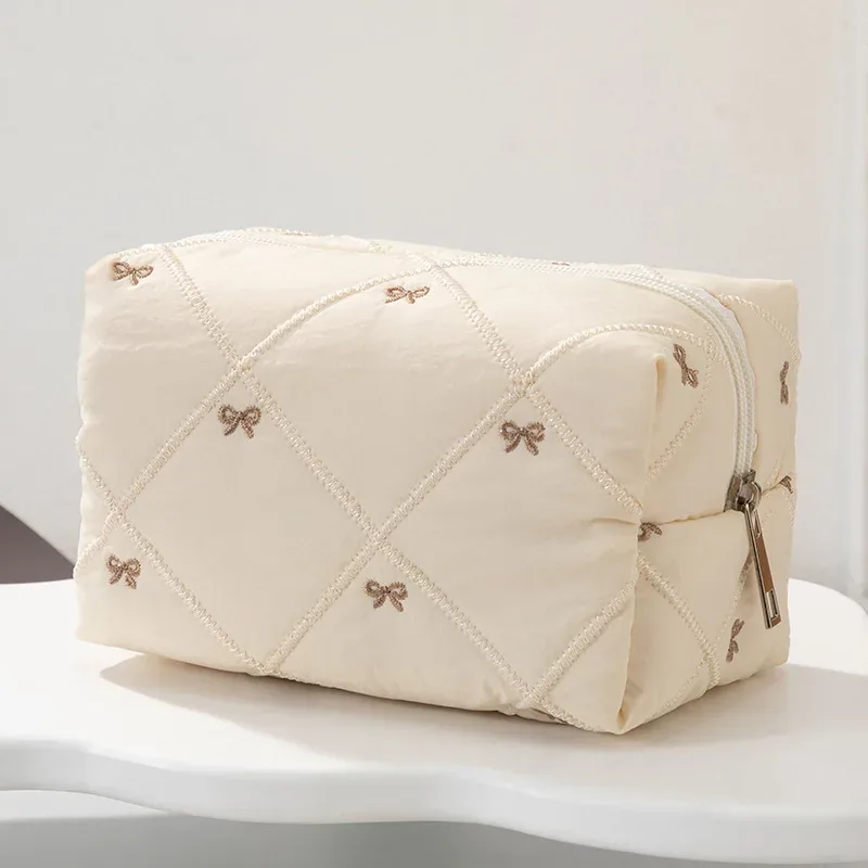 sac de toilette brodé à nœud, grande capacité, sac de voyage, sac à maquillage à carreaux, pochette de rangement