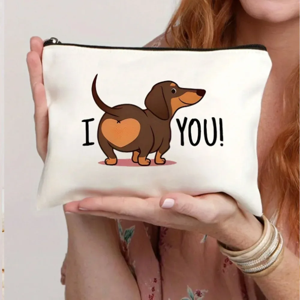 pochette zippée en toile avec citation « bonne nuit » et motif teckel rayé, sac à cosmétiques mignon avec imprimé chien de dessin animé pour les amoureux des chiens, trousse de toilette de voyage