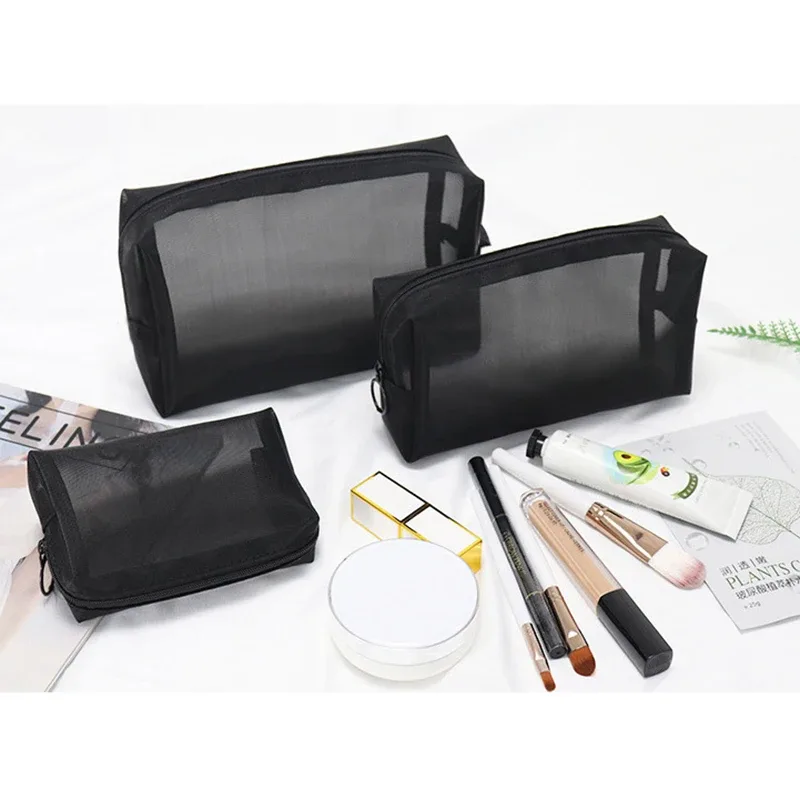sac de voyage en maille noire pour cosmétiques, trousse de maquillage portable avec fermeture éclair pour femmes, trousse de toilette, organisateur de maquillage, pochette de rangement portable
