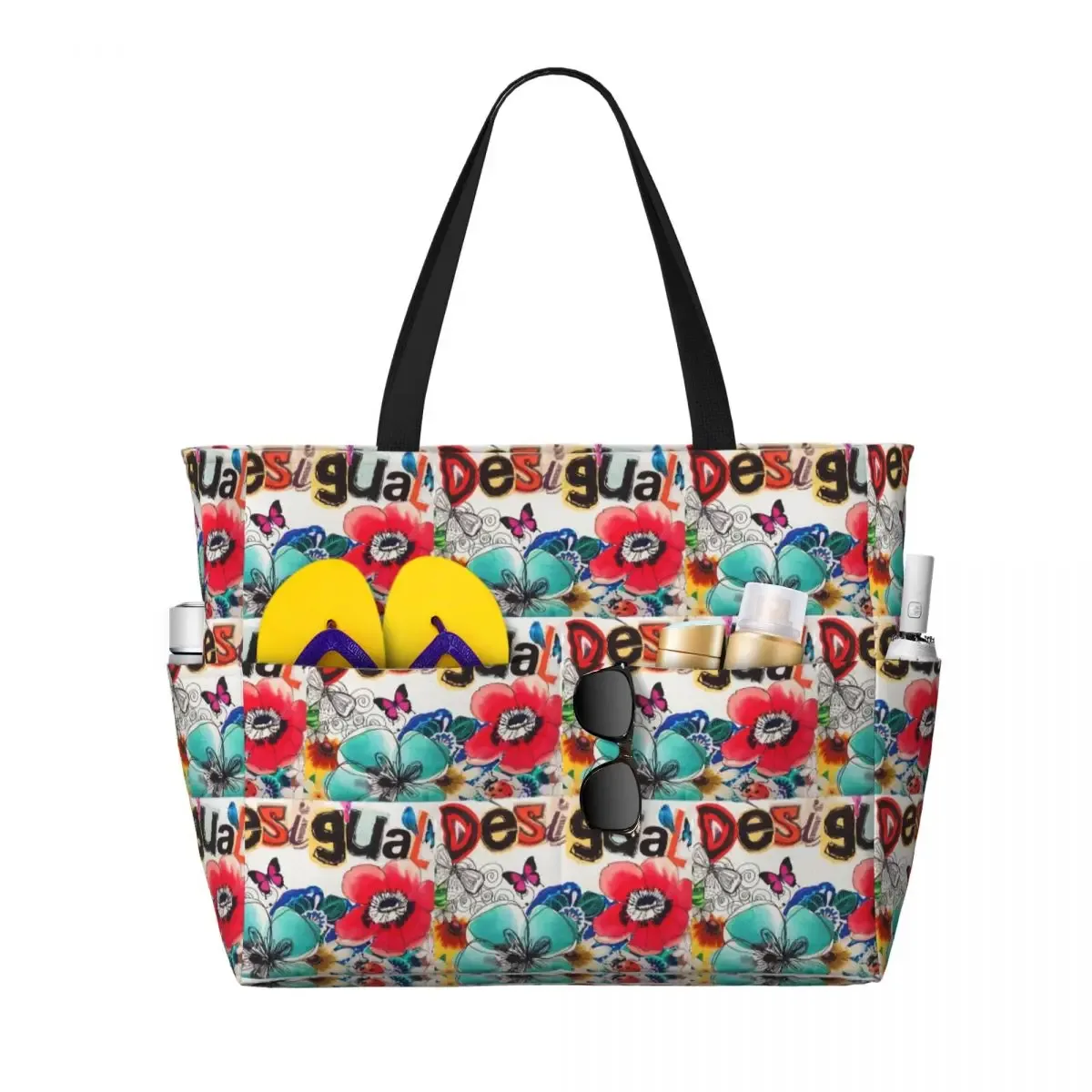 sac voyage polyester imprime animaux fleurs rouges bleues lettres desigual poignées noires grande rectangulaire
