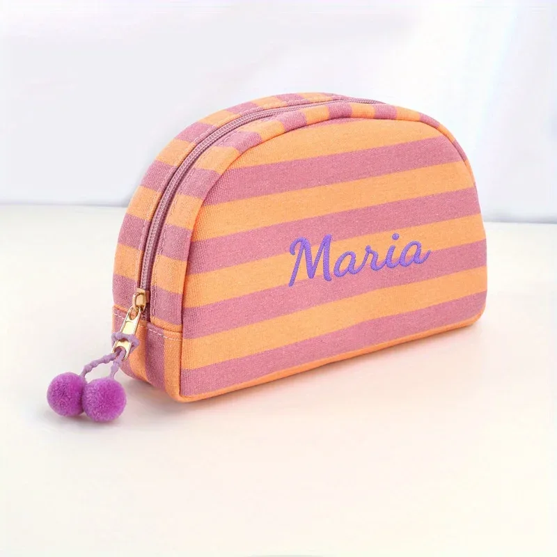pochette de maquillage rayée brodée sur mesure avec fermeture éclair et nom personnalisé, organiseur de toilette de voyage coloré, cadeau mignon pour demoiselle d'honneur