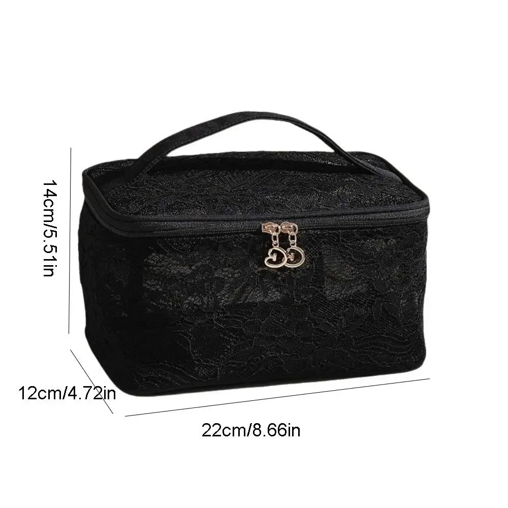 trousse de maquillage élégante en dentelle couleur unie florale avec poignée, sac de rangement cosmétique multifonctionnel grande capacité, trousse de toilette pour fête