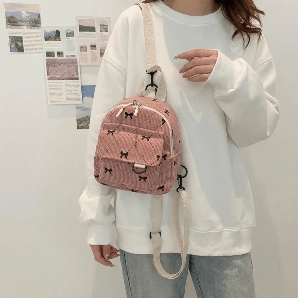 mini sac à dos en velours côtelé avec nœud imprimé, sac à bandoulière léger, style coréen, sac à dos à plusieurs nœuds pour adolescentes