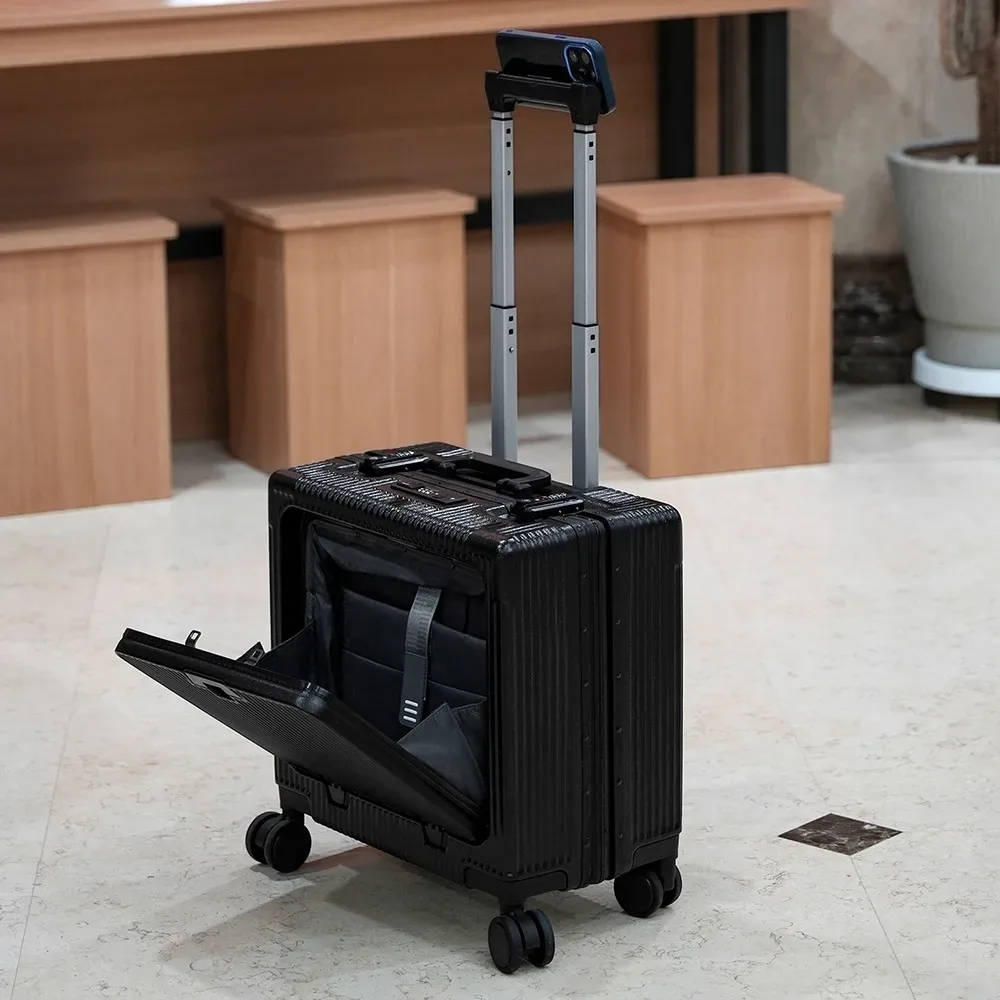 valise de poche à ouverture avant, cadre en alliage d'aluminium, bagages roulants de 18 pouces, sacs de chariot de voyage à main avec roue rotative