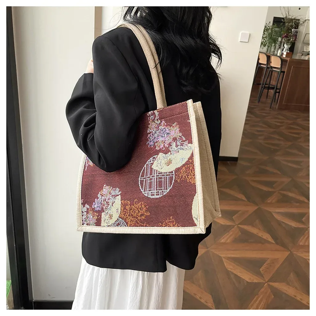 sac fourre-tout en lin élégant pour les trajets quotidiens, sac à main de grande capacité, sac fourre-tout chinois léger pour les rendez-vous, l'école et les trajets quotidiens