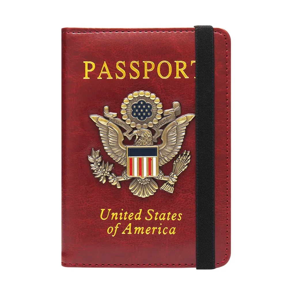 porte-passeport anti-rfid en cuir avec emblème métallique aigle américain, portefeuille de voyage, étui de protection pour documents pour hommes et femmes