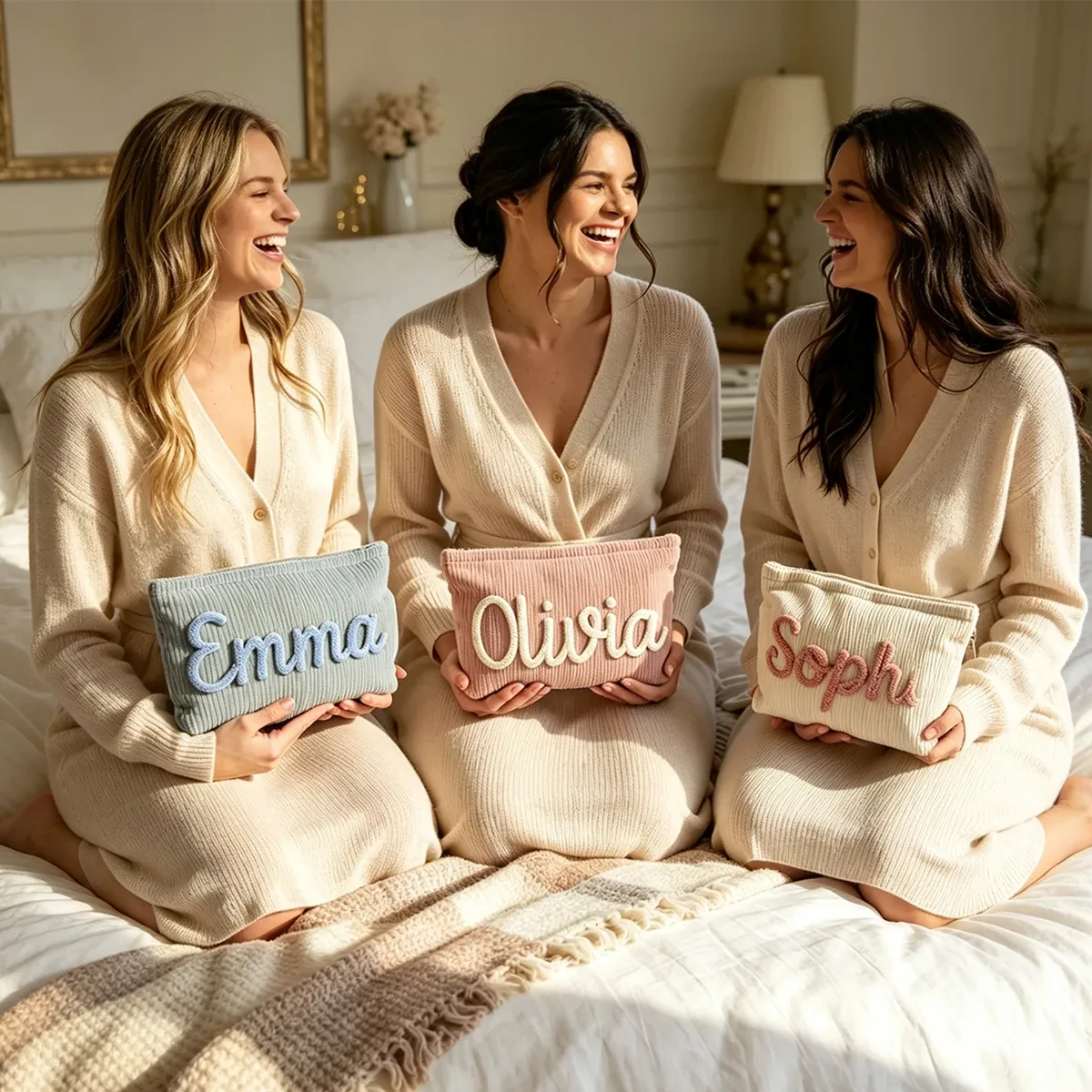 cadeaux personnalisés en velours côtelé pour demoiselles d'honneur, trousses de maquillage personnalisées avec lettres, cadeaux pour enterrement de vie de jeune fille, trousses de toilette de voyage