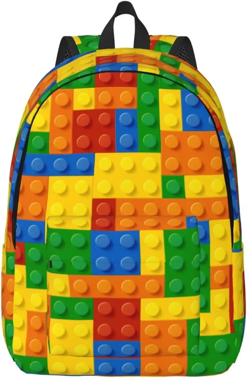 sac dos polyester motif carrés couleurs rouges jaunes verts bleus oranges poignées noires format 16 pouces usage voyage camping