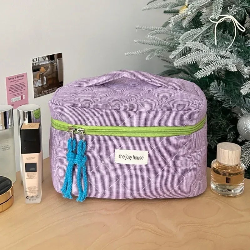 sac de maquillage à carreaux bloquant les couleurs pour femmes, sac de rangement pour pinceaux de maquillage de grande capacité, trousse de toilette pour soins de la peau