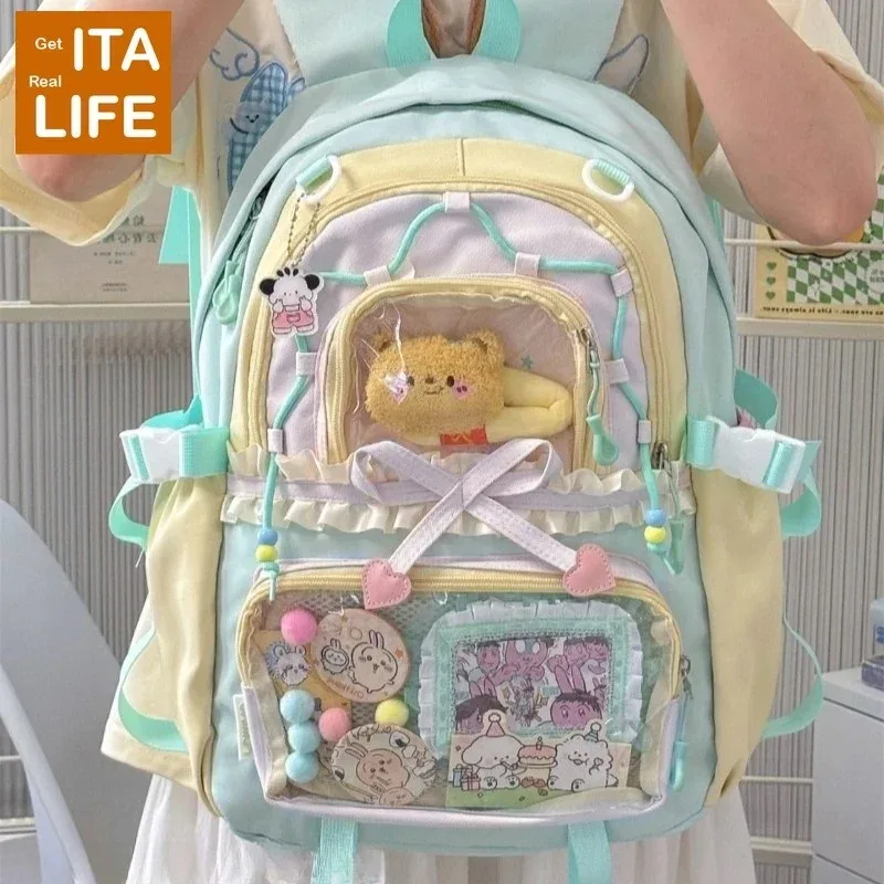 sac à dos ita transparent italife dopamine kawaii anmie pour femmes, avec présentoir pour épingles et badges, grand sac ita mignon en forme de cœur avec nœuds, style lolita h259