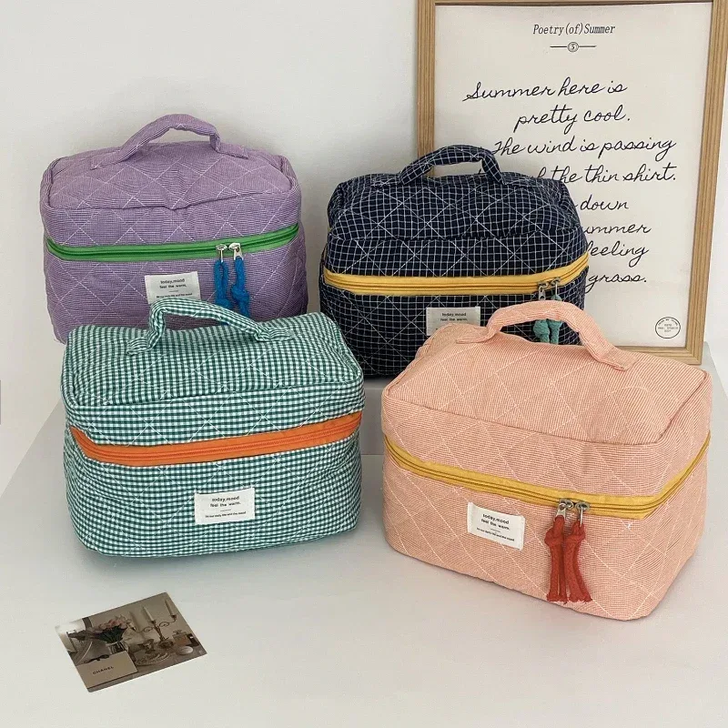 sacs à cosmétiques matelassés à carreaux pour filles, pochette rétro pour dames, porte-monnaie, sac de rangement de toilette portable de voyage pour femmes