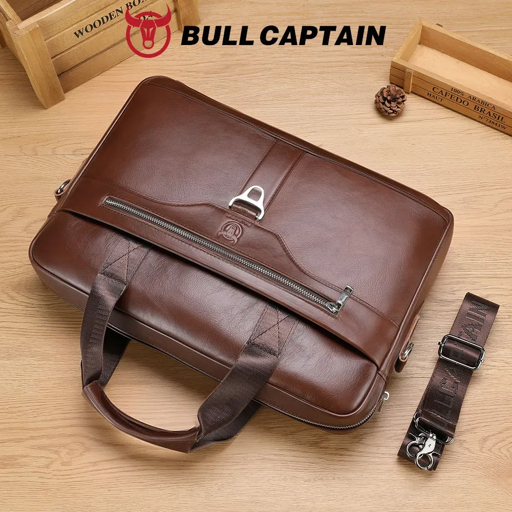 porte documents cuir verte bull cowhide polyester intérieur informatique fermeture éclair bandoulière détachable marron noir voyage travail