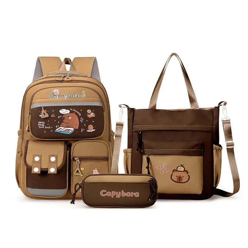 sac dos nylon dessin animés marron clair grand format cadre interne poche latérale ultra léger informatique souple limon jacquard bandoulière arquée préppy école voyage