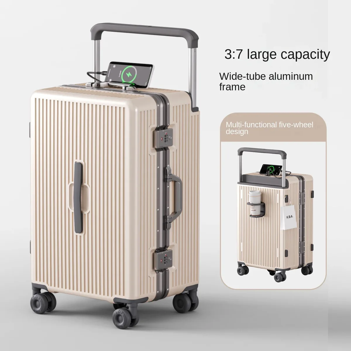 valise ko-ku new 3:7 en aluminium, cadre en aluminium, 20 pouces (bagage cabine) et 28 pouces (grande capacité), avec serrure à code et porte-gobelet.