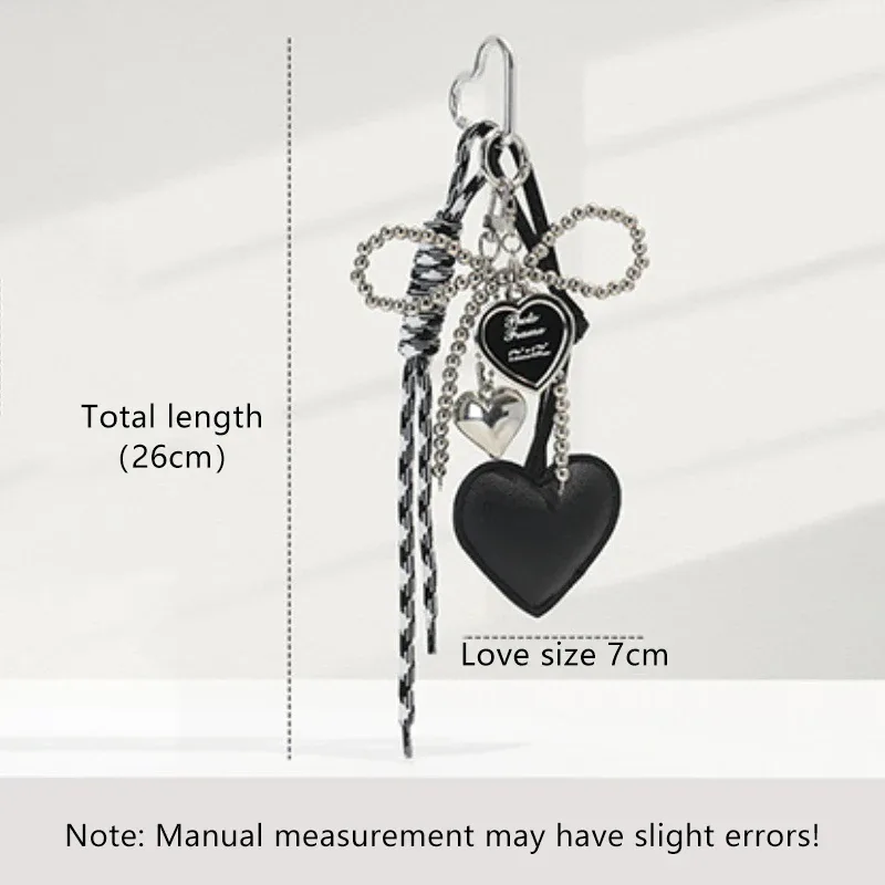 porte-clés en cuir brillant avec nœud en perles, breloque pour sac à dos coréen y2k, pendentif en forme de cœur d'amour, décoration de sac à main, cadeau
