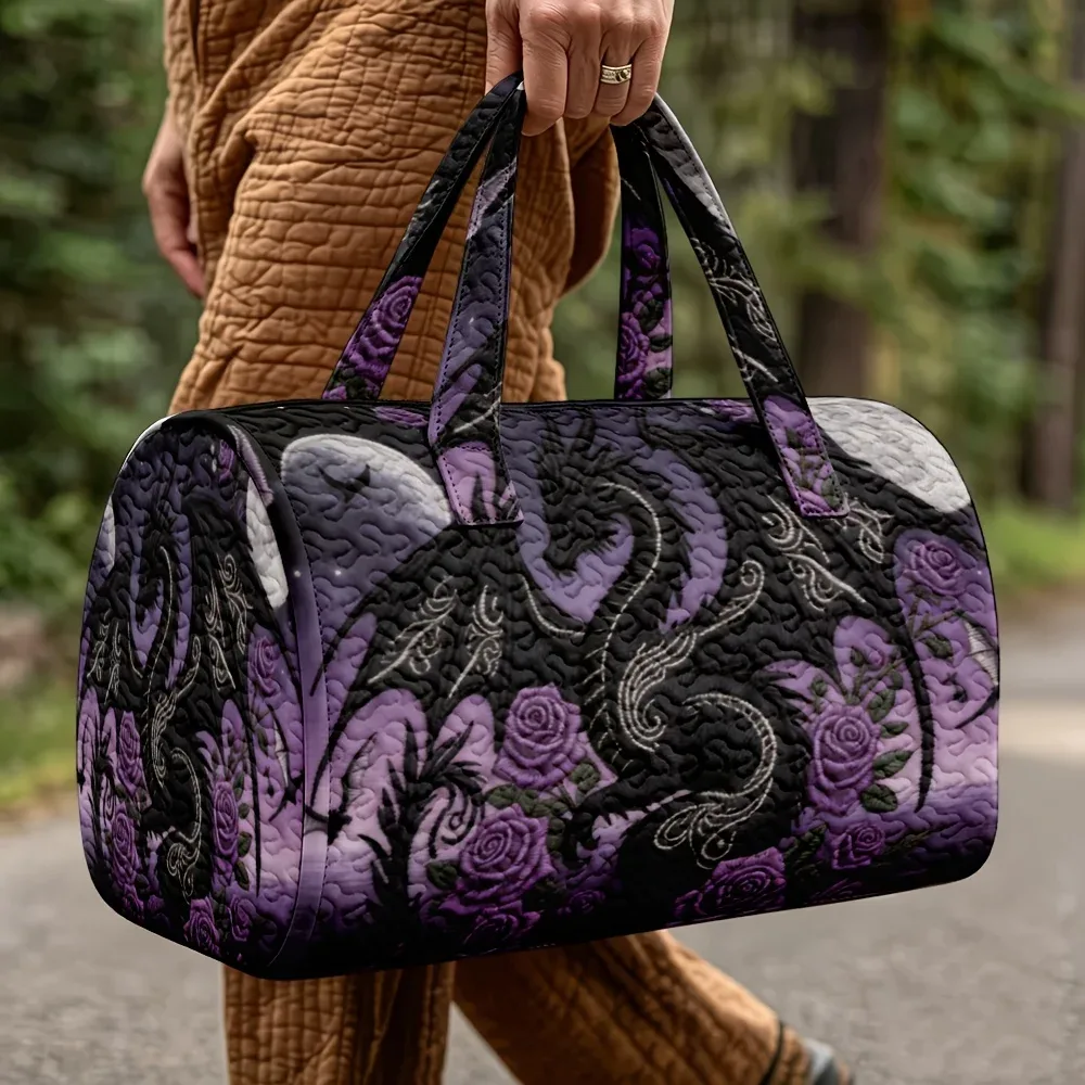 sac de voyage de grande capacité, matelassé, à motifs de dragons, de style gothique romantique et de couleur violette, idéal pour les vacances.