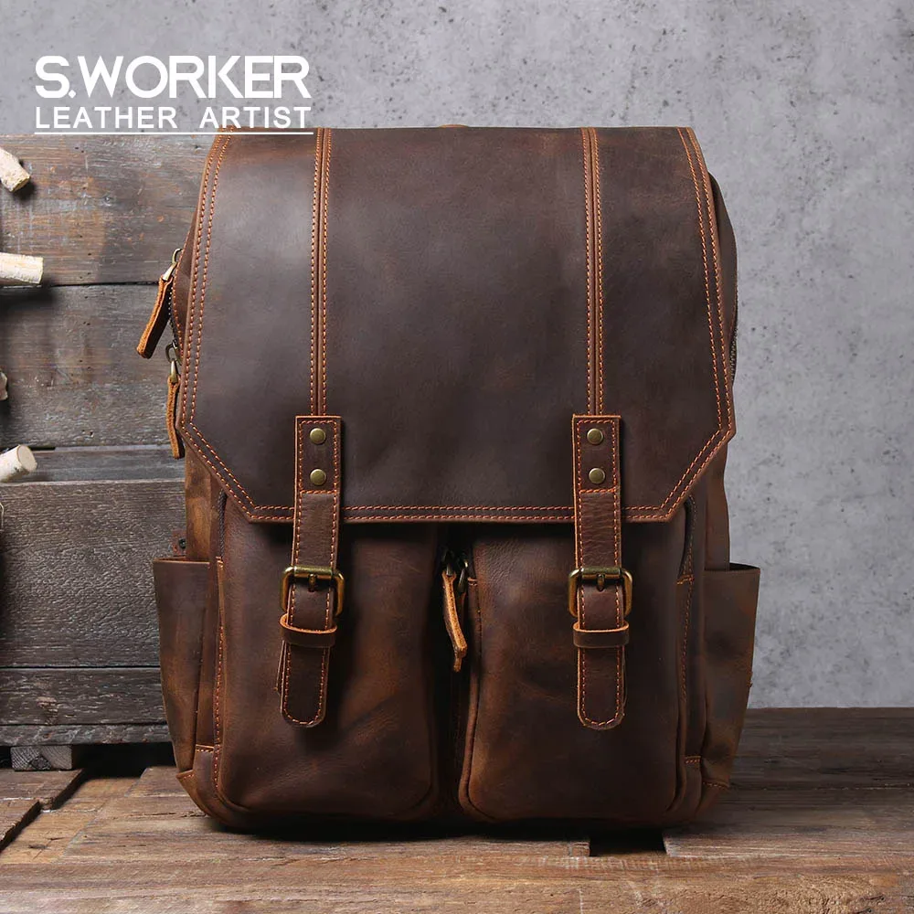 sac à dos vintage en cuir véritable s.worker, sac pour ordinateur portable, sac d'école décontracté en cuir crazy-horse, sac de voyage pour le week-end