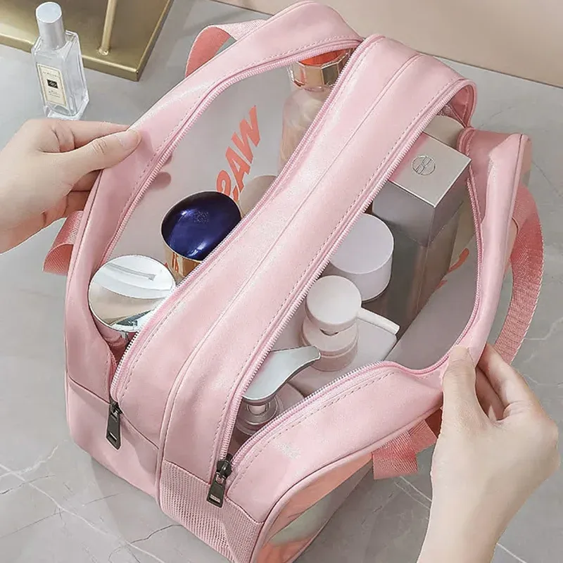 trousse de toilette grande capacité imperméable en pu givré double couche séparation humide/sèche pour voyage, rangement cosmétique et organisateur quotidien