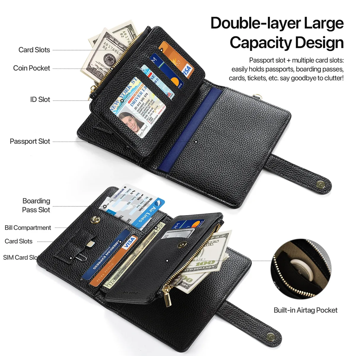 nouveau portefeuille porte-passeport unisexe de grande capacité-organisateur de carte de voyage en cuir pu bloquant rfid avec pince à billets
